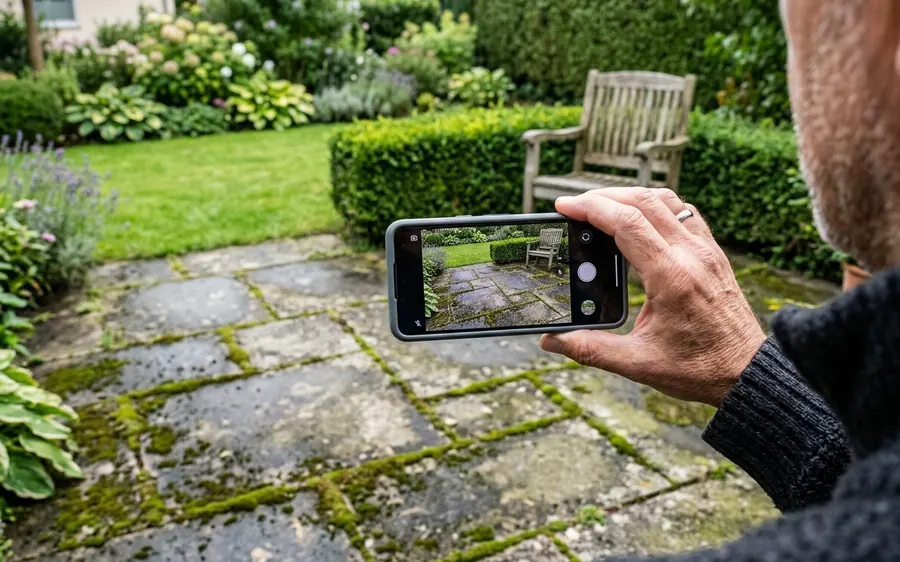 Hausbesitzer fotografiert mit dem Handy eine Terrasse mit Moos in den Fugen