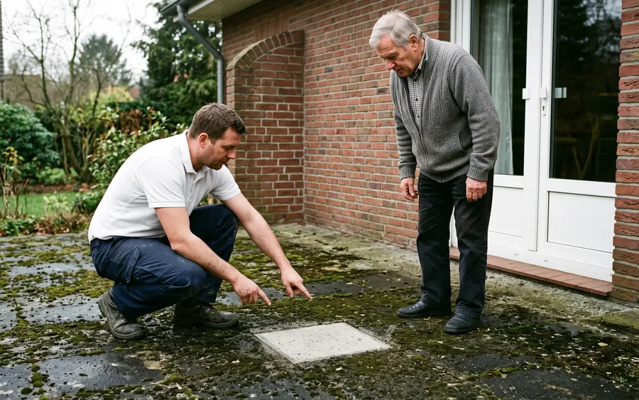 Handwerker zeigt dem Hausbesitzer eine gereinigte Probefläche auf der Terrasse
