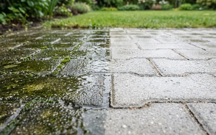 Wasser läuft über Betonpflaster, links noch grün, rechts schon sauber