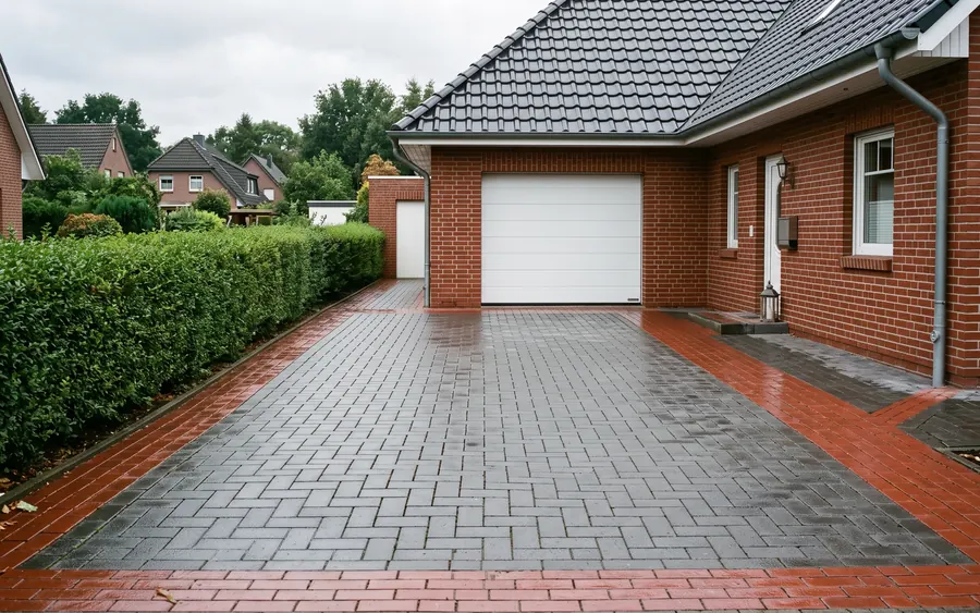 Frisch gereinigte Betonpflaster-Einfahrt vor einer Garage im Münsterland