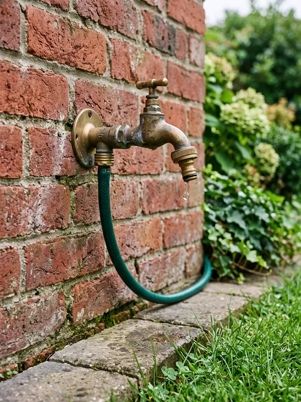 Gartenhahn aus Messing an einer Klinkerwand mit angeschlossenem Schlauch