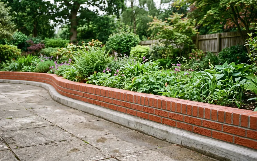 Gereinigte Gartenmauer und Randsteine aus Klinker am Beet