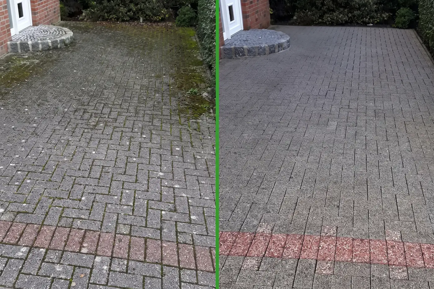 Echte Kundenfläche: Betonpflaster-Einfahrt vor einer Garage, links vor der Reinigung mit grünem Belag, rechts danach wieder hell