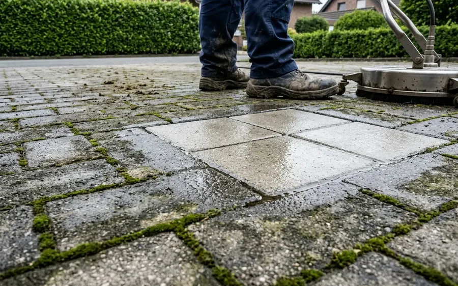 Probefläche: ein sauberes Rechteck in einer grün belegten Pflasterfläche, daneben die Stiefel des Handwerkers