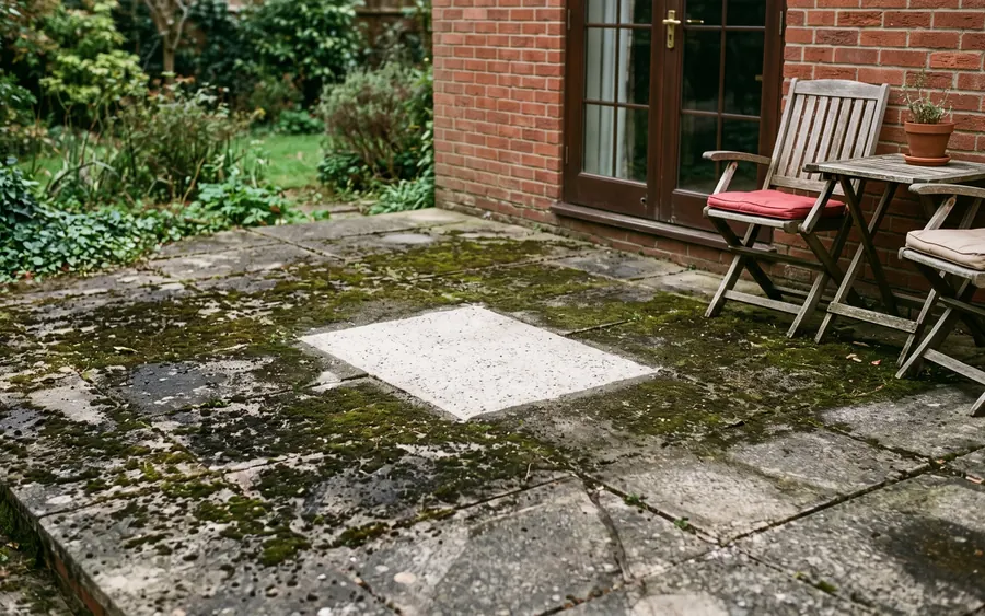 Probefläche auf einer Betonplatten-Terrasse: ein sauberes Rechteck im grünen Belag