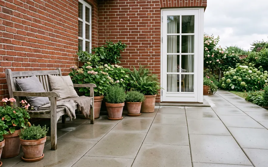 Gereinigte Betonplatten-Terrasse vor der Terrassentür eines Wohnhauses