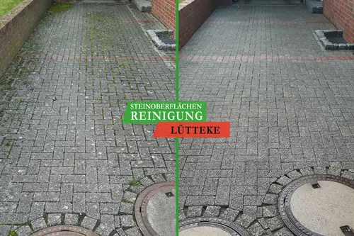 Vorher und nachher: Betonpflaster-Hof mit Schachtdeckeln
