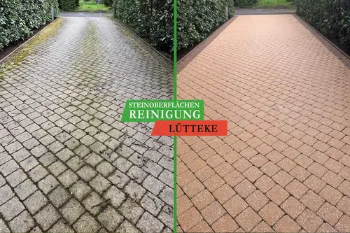 Vorher und nachher: rotes Betonpflaster, links mit Moos, rechts sauber