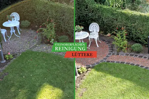 Vorher und nachher: Gartenterrasse mit Natursteinpflaster und Rasen